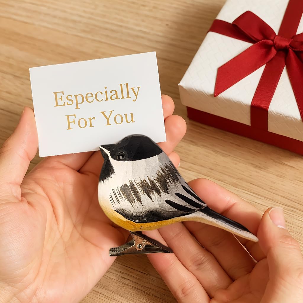WOODEN ISLANDS Hand-Carved Wooden Bird Clip – Black-Capped Chickadee Figurine, Handmade Ornament, Gift Boxed for Bird Lovers, Home Decor, Especially for You