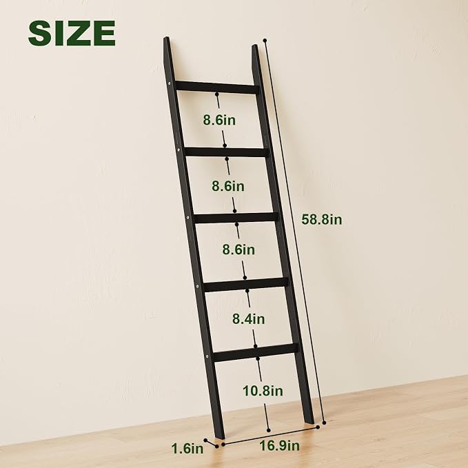 Blanket Ladder Towel Racks For Bathroom 5 Layers Towel Holder 100% Bamboo Wood Sturdy Construction No Need Wall Drilling Quilt Scarf Storage Solution Decorative Leaning Shelf for Living Room (Black)