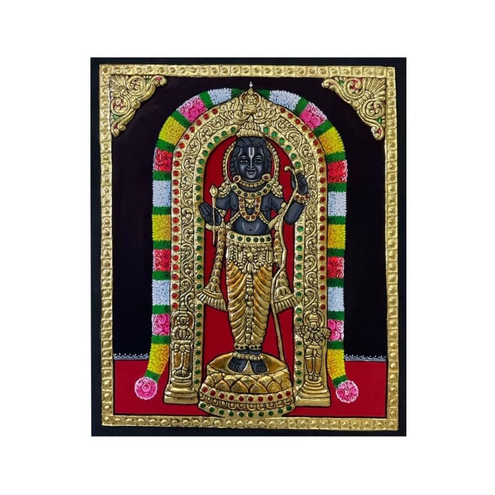 Tarang Arts Tanjore Painting Ayothi Ramar with Wooden Frame, 2D Emboss Design, 22-Carat Gold Foil & Jaipur Stones | Handmade Traditional Artwork for Home Decor, Puja Room, Wall Hanging & Gifting