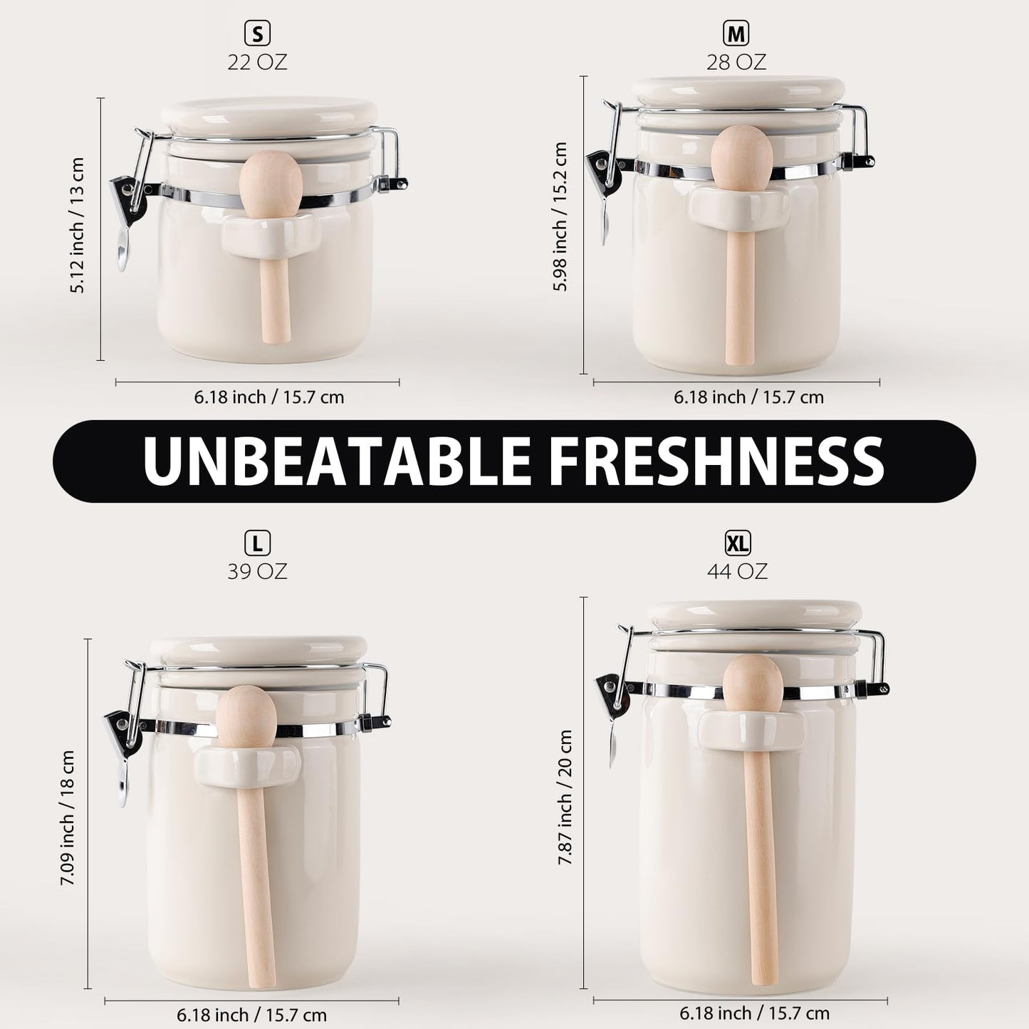 ZEBERBO 4-Piece Airtight Ceramic Canisters Set with Wooden Spoons & Chalk Labels – Perfect for Coffee, Sugar, Flour, Tea (Cream) – Stylish & Leakproof Kitchen Storage