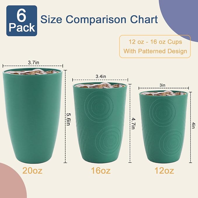 Glasses Drinking Set 6 PCS - Wheat Straw Cups Lightweight Plastic Cup Set 12 OZ Unbreakable Cups Microwave and Dishwasher Safe Water Tumbler, Kitchen Cup for Picnics, Camping, RV - Green