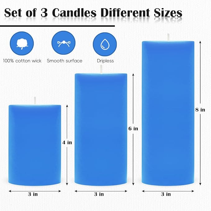 3 Packs Different Size Light Blue Pillar Candles, Unscented Dripless Non-Toxic Smokeless 3x4, 3x6, 3x8 Inch Colored Cylinder Candles for Halloween Wedding, Dinner Table, Party, Power Outage, Emergency