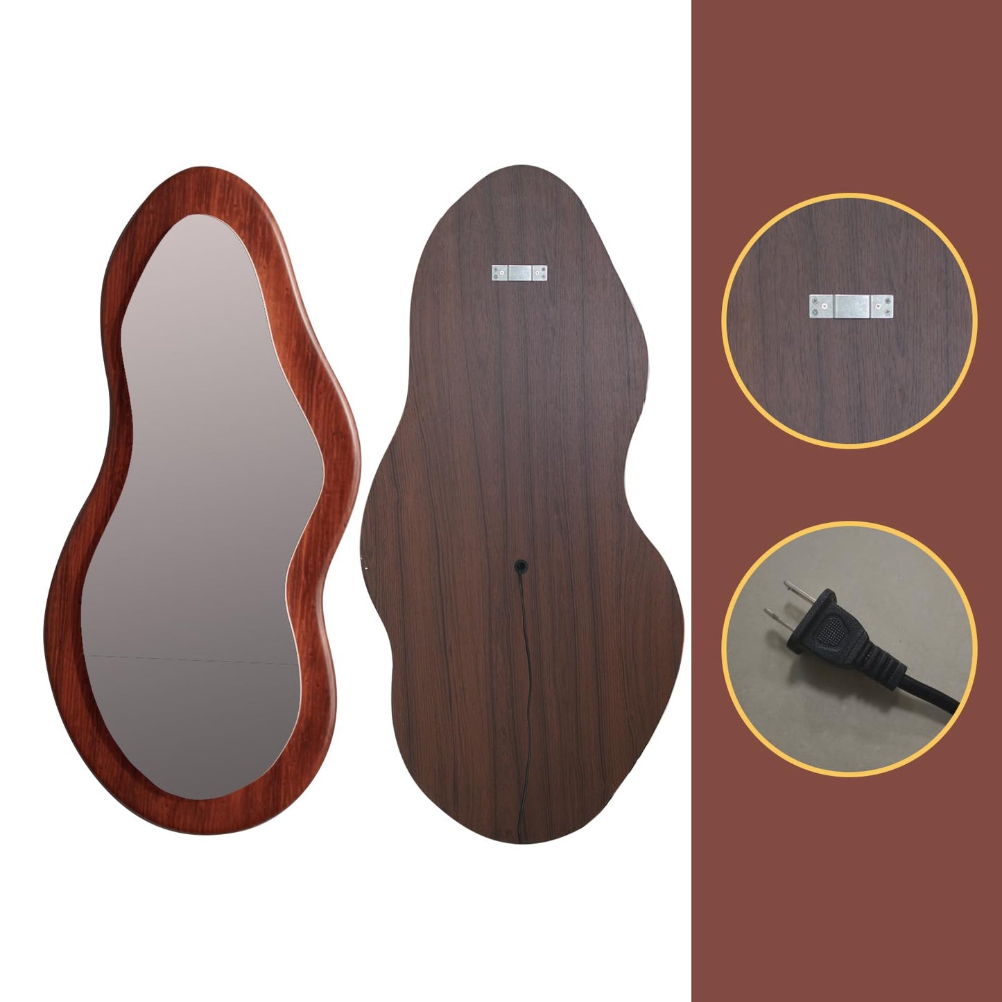 osemy 48"x 24" LED Wood Full Length Mirror with Lights Irregular Wavy Full Body Mirror Shatter-Proof Hanging/Leaning Wall Mounted Walnut Wooden Framed for Dressing Bedroom Living Room