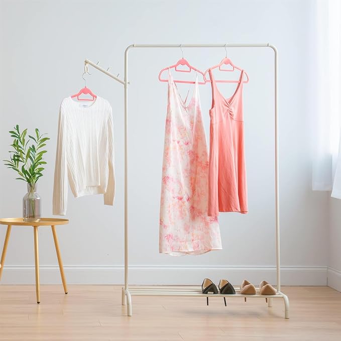 IRIS USA Clothes Rack with 2 Wood Shelves, Freestanding Clothing Racks for Hanging Clothes, Easy to Assemble, Standing Metal Sturdy Garment and Accessories Rack, Plant Stand, White