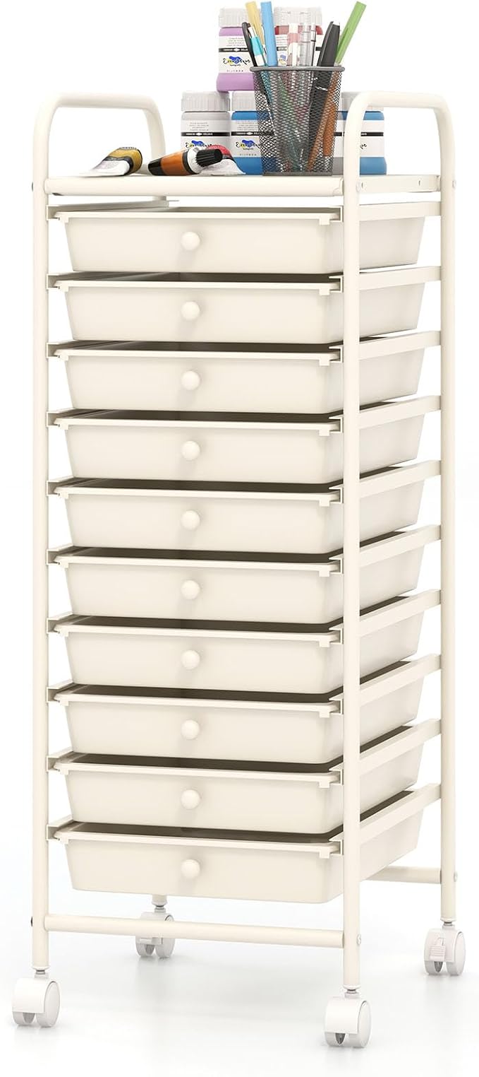 COSTWAY 10-Drawer Rolling Storage Cart, Utility Mobile Trolley with Removable Drawers & Universal Casters & 2 Brakes, Versatile Flexible Drawer Organizer Cart for Home, Office, White