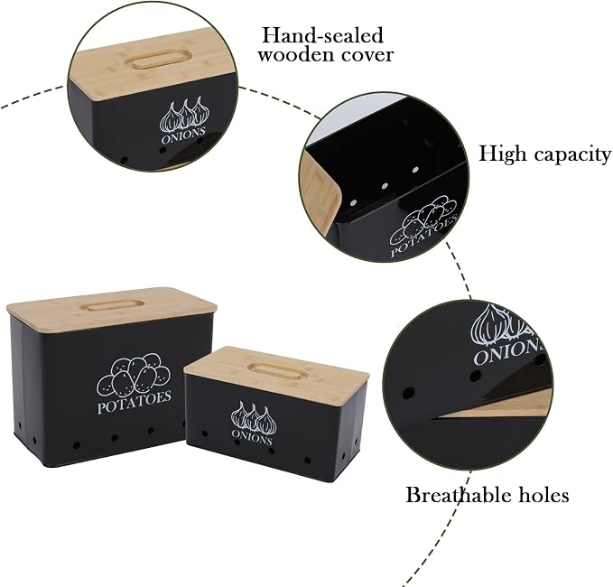 Potato and Onion Storage Bin Set of 2, Vented Metal Vegetable Storage with Wooden Lids, Farmhouse Kitchen Canisters for Countertop Pantry Organizer, Potato Bin Onion Holder for Produce Storage, Black