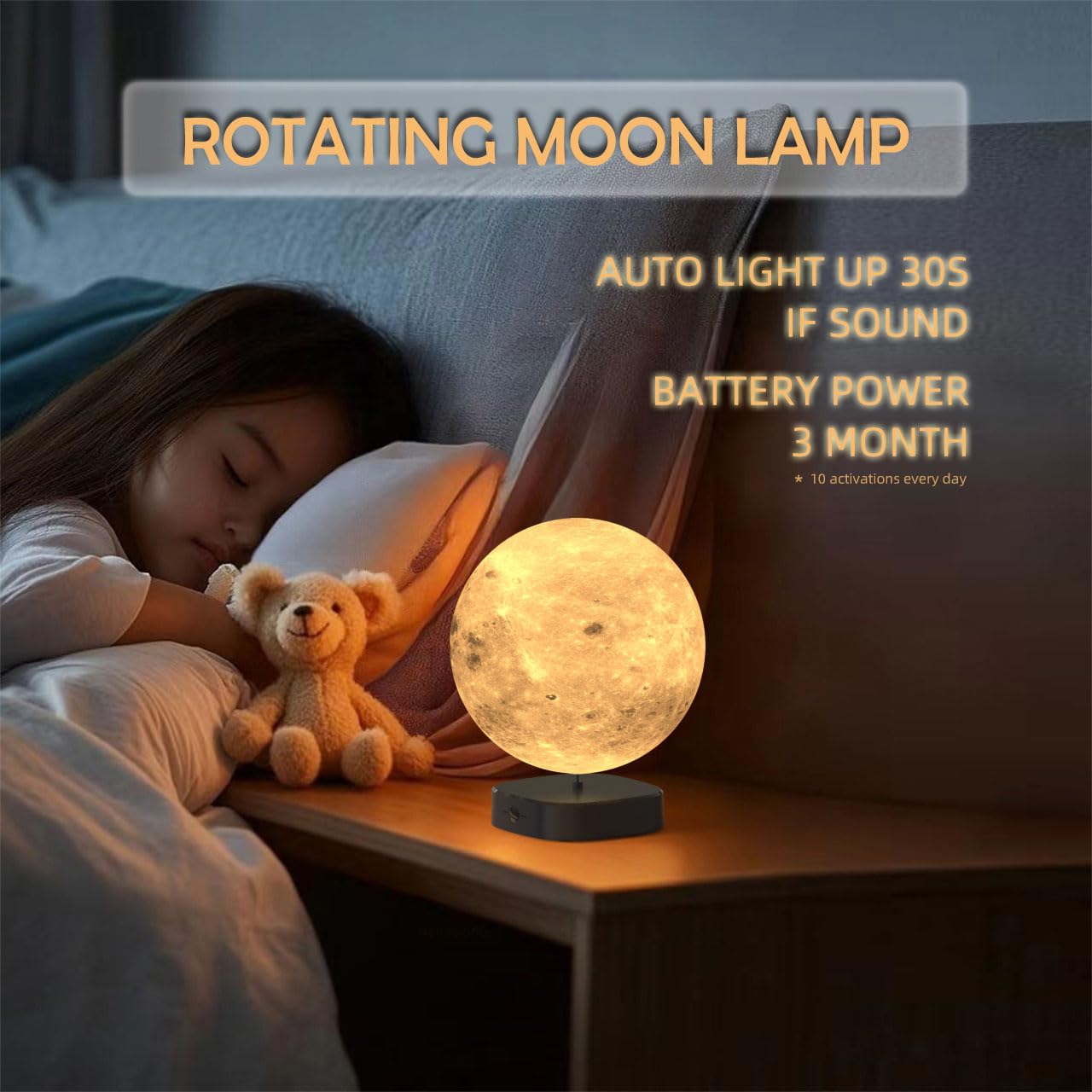 Camdii Moon Lamp, 6 inch 3D Printed Floating Moon lamp, auto Light up with self Rotating, Moon Light lamp for Kids (Black Base)
