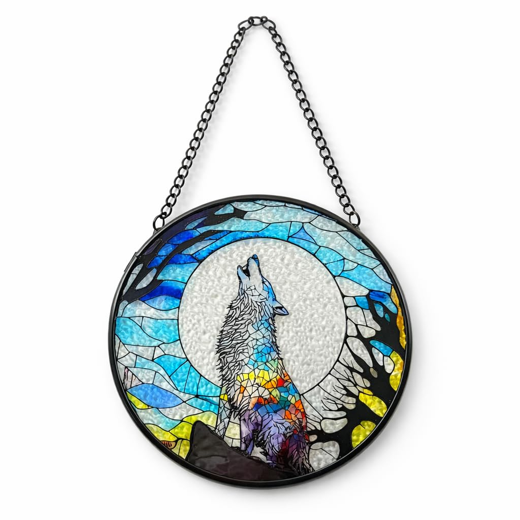 Stained Glass Window Hanging, Stained Glass Suncatcher, Wolf Sun Catcher with Metal Chain, Window Decor for Home Garden, Wolf Lover Gift, Housewarming, Christmas or Birthday Gift (Black)
