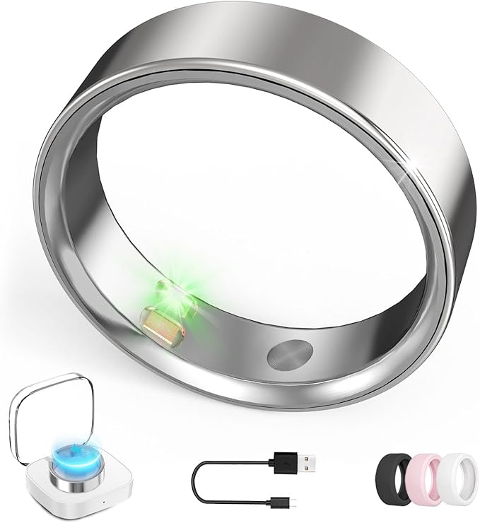 Smart Ring with Vibration Alerts, health tracker ring with Body Temperature Monitor, Heart Rate, Sleep & Fitness Tracking, Waterproof Activity Ring for Men & Women, No App Fees (Silver, 12#)