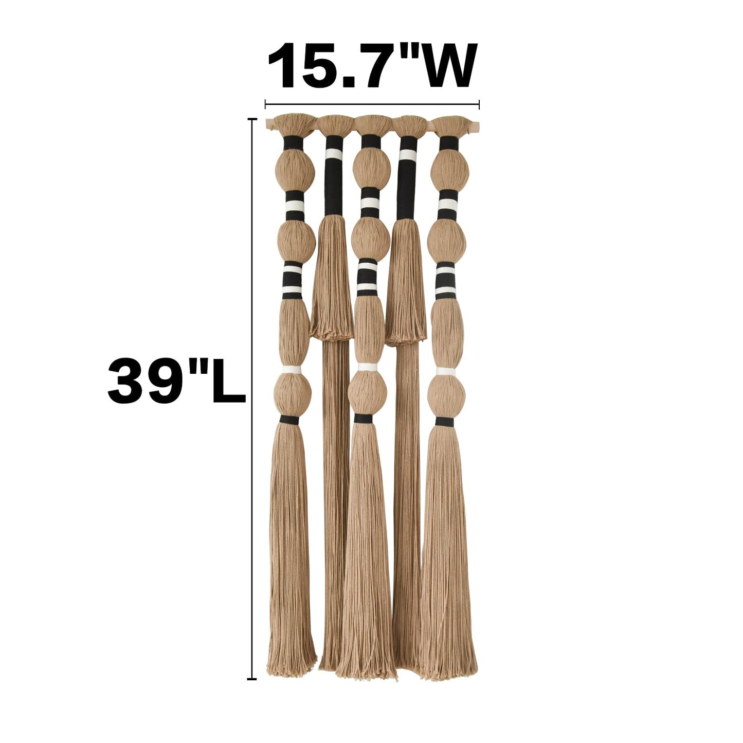 Flber Macrame Wall Hanging Khaki Black Geometric Yarn Wall Art Cotton Tassel Textile Wall Decor for Bedroom Living Room 15.7" W x 39" L