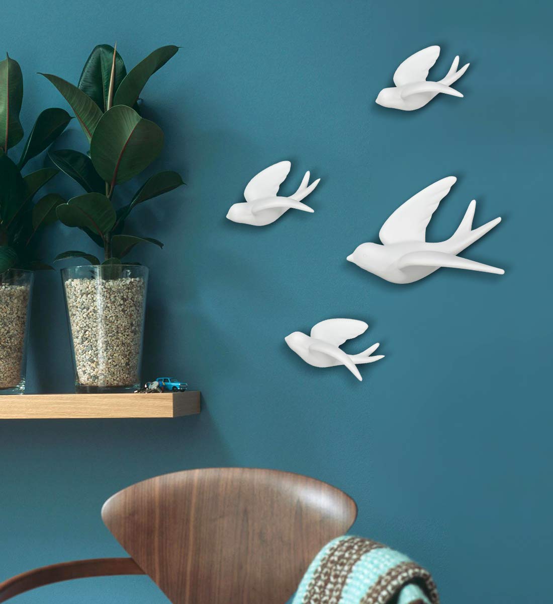 FANWNKI Ceramic Flying Birds Sparrows Wall Mount Hanging Decor-White-2Pack,Right