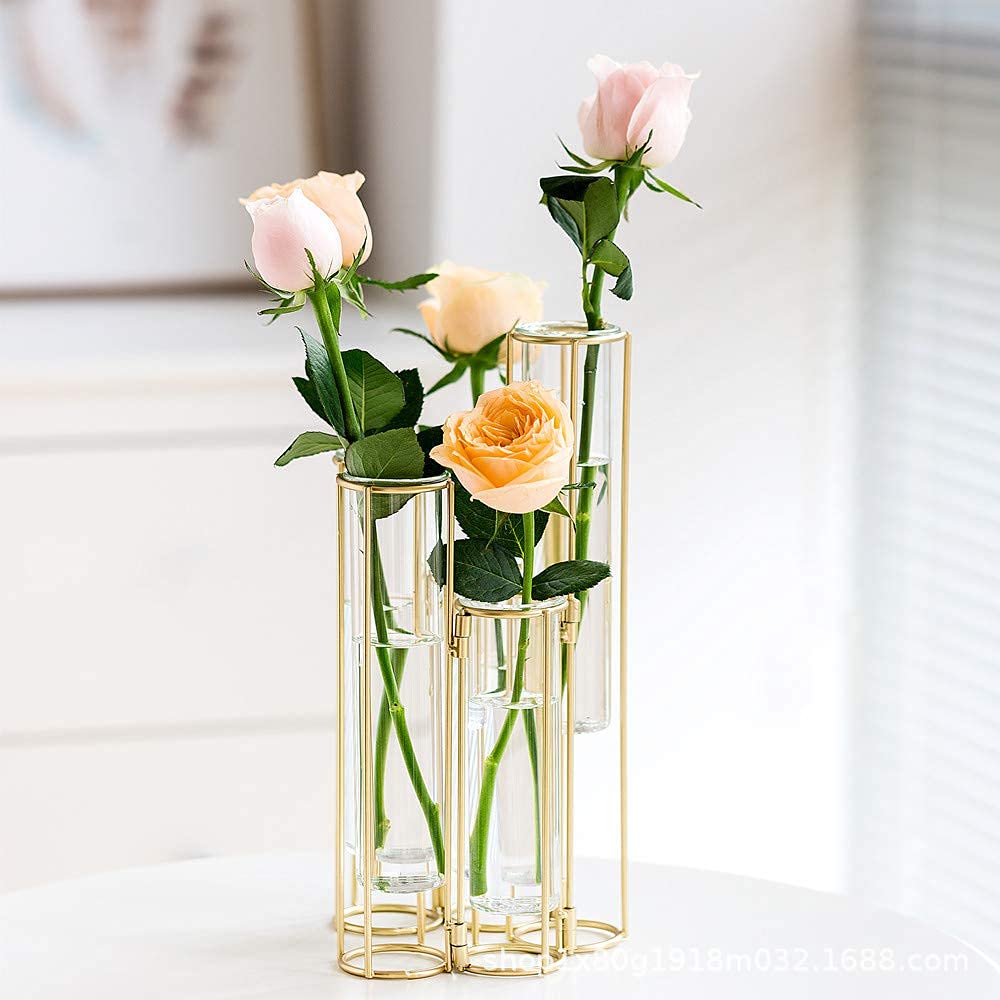 nother Bigsee Test Tube Vase for Flowers, Glass Vase with Metal Stand Racks Hydroponic Test TubeVase Set of 5, Gold Hinged Plant Vases Display Set Table Centerpieces Vase for Home Decor (Gold)