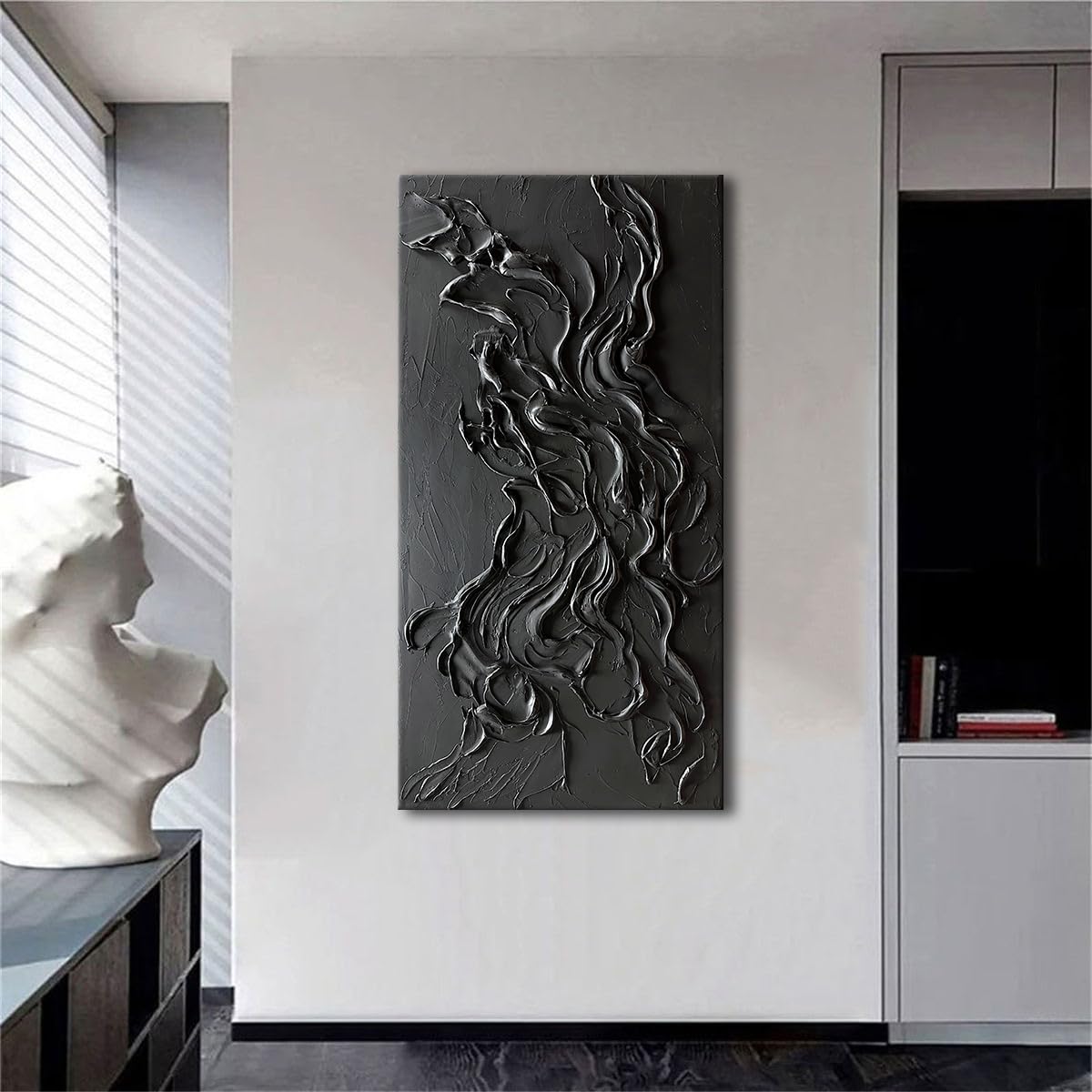zoinart Hand Painted Large Black Wall Art 30"x60" Thick Texture Minimalist Oil Paintings Contemporary Art Oil on Canvas Abstract Textured Wall Art Pure Black Wall Art