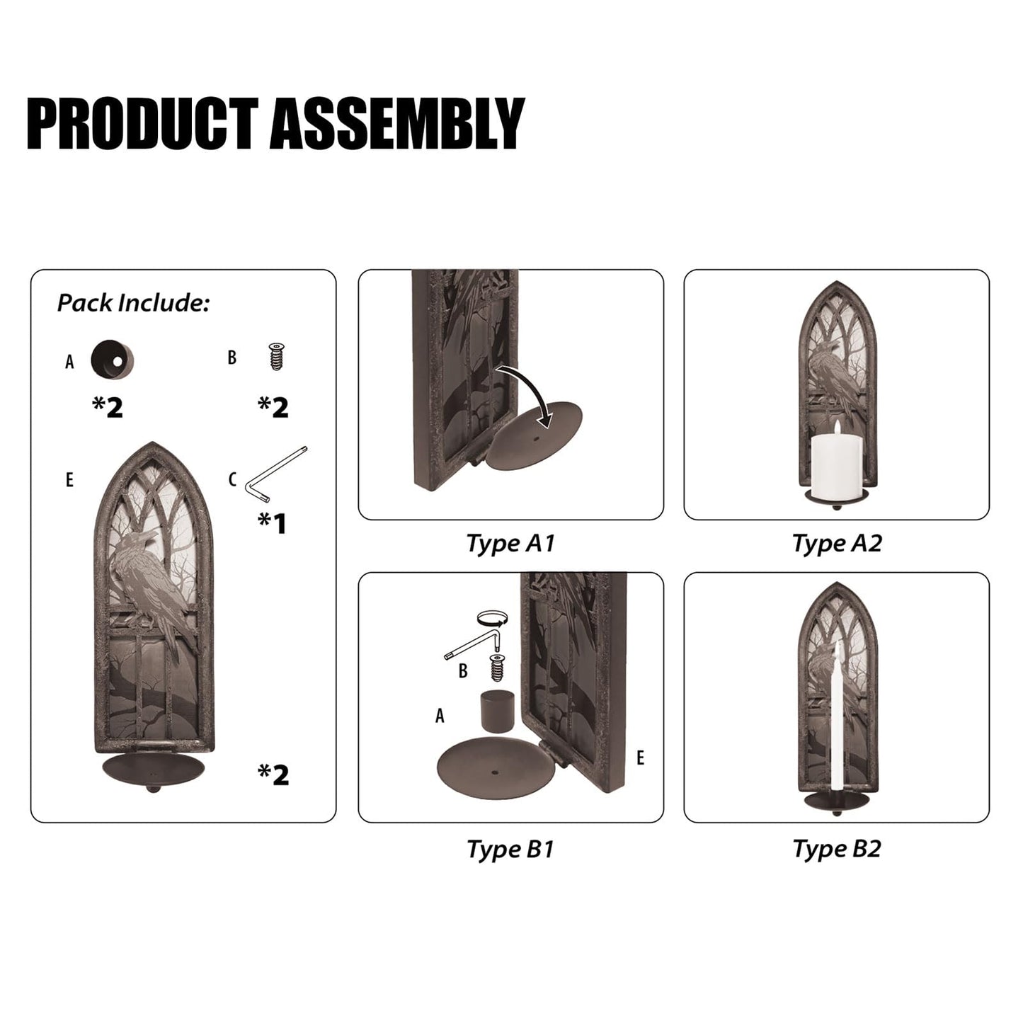 AimtoHome Gothic Wall Candle Sconces Set of 2, Wrought Iron Crow Wall Mounted Candelabra Holder with Removable Trays for Taper & Pillar Candles, Medieval Cathedral Window Design, Dark Academia Decor