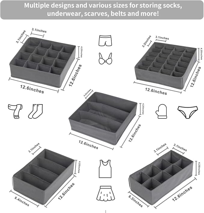 Lourome Underwear Organizer, 5 Set Foldable Fabric Underwear Drawer Organizer and Sock Organizer, Drawer Organizers for Clothing, Storage Bins for Underwear, Sock, Bra and Tie