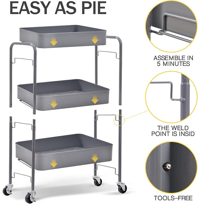 TOOLF 3-Tier Rolling Cart - Metal Utility Storage Organizer with Lockable Wheels, 33 lbs Per Shelf, Tool-Free 5-Min Assembly, for Kitchen Bathroom Office Nursery Craft Room, Grey
