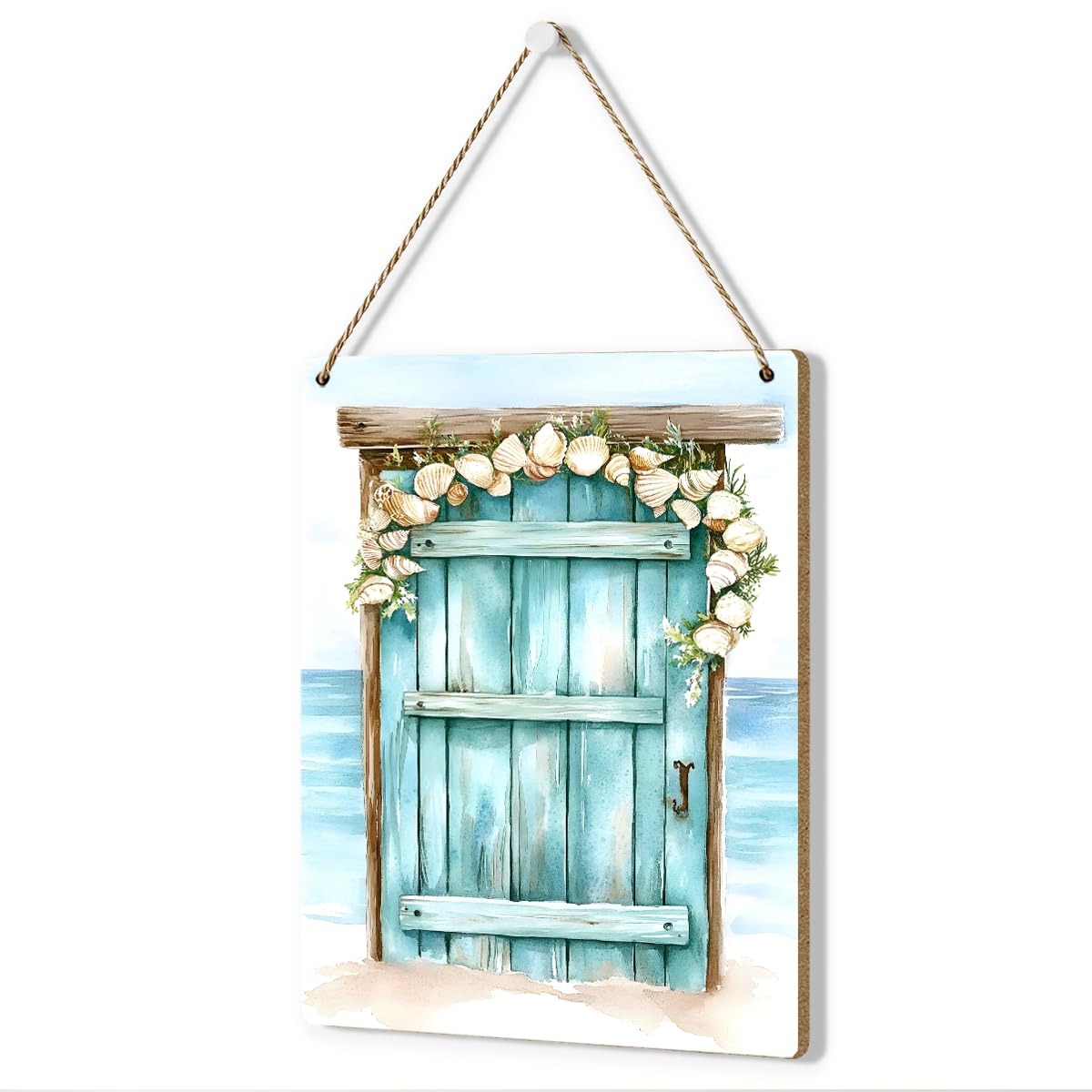 Coastal Beach Decor Wooden Nautical Wall Decor,Ocean Sea Wall Art，Rustic Door Seashell Hanging Wood Plaque for Front Door Home Farmhouse Living Room Beach House Nursery Bedroom，7.8x10.2 inch