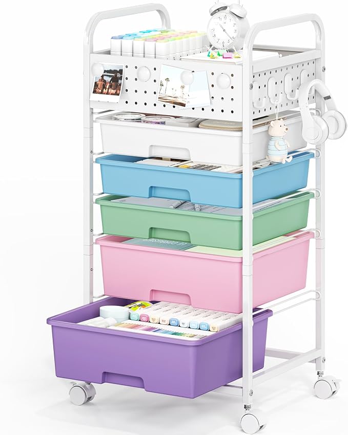 5 Drawer Rolling Storage Cart with Pegboard Top and Hooks, Mobile Organizer Cart with Wheels for Office Supplies, Craft Storage, Classroom Organization, Home Utility Cart, Ice Cream