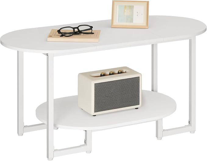 HOOBRO Coffee Table for Living Room, Oval Small Coffee Table with 2-Tier Open Storage Shelf, Industrial Cocktail Tea Table, Wooden Desktop Center Table, Farmhouse, Home Office, White WW09KF01