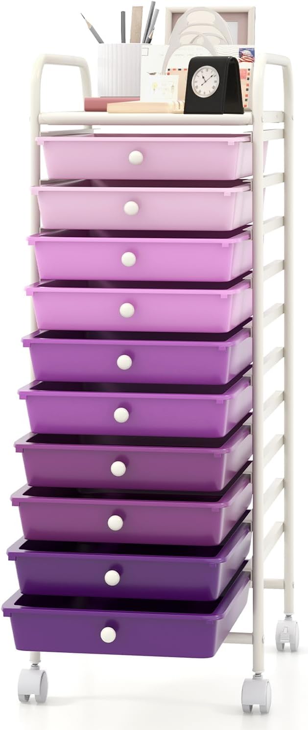 MEDIMALL 10 Drawers Rolling Storage Cart, Multipurpose Craft Storage Cart with Wheels, Mobile Tools Scrapbook Paper Organizer Cart for Office School Home Use