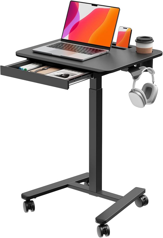 Small Mobile Standing Desk with Drawer, 23.6"x19.7" Rolling Laptop Cart on Wheels, Height Adjustable Sit Stand Computer Workstation with Storage for Compact Space, Black