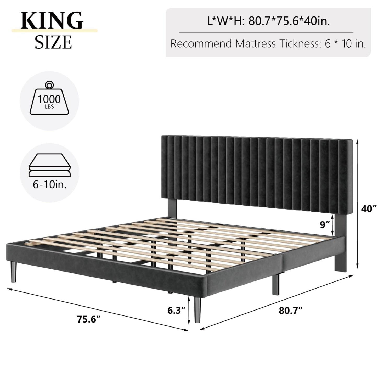 HAOARA King Size Bed Frame, King Size Platform Bed Frame and Velvet Upholstered Headboard with Strong Wood Slats, Box Spring Optional, Mattress Foundation, Easy Assembly Black