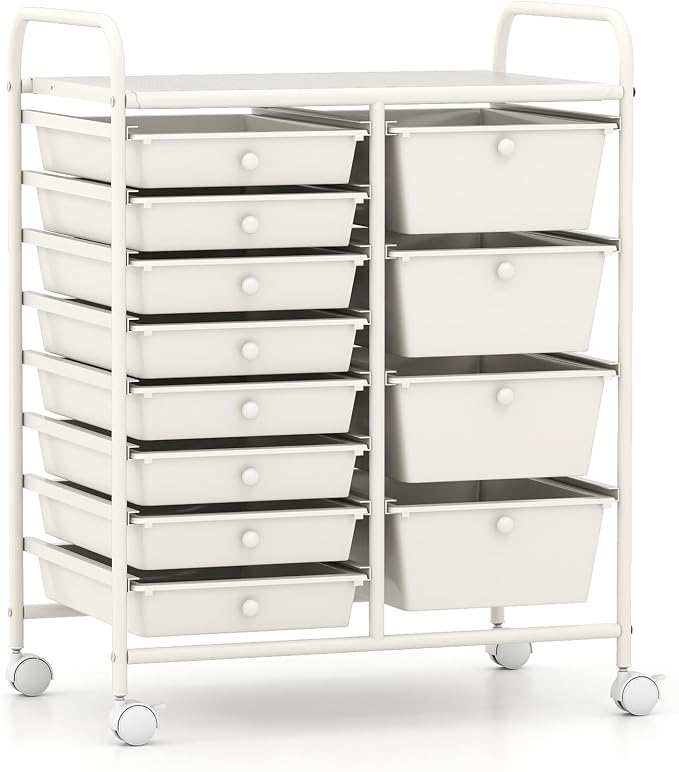 LDAILY 12 Drawer Rolling Storage Cart, Rolling Cart with Drawers for Classroom, Art Supply Craft Organizer on Wheel with Metal Frame & Handles for Home Office School (White, 12 Drawer Left-Right)