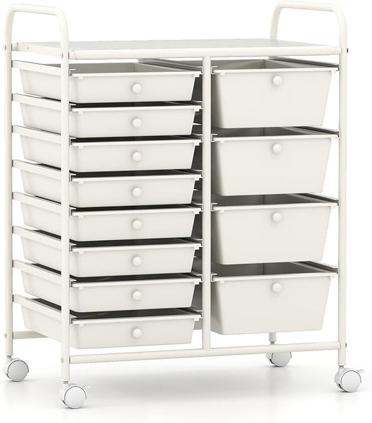 LDAILY 12 Drawer Rolling Storage Cart, Rolling Cart with Drawers for Classroom, Art Supply Craft Organizer on Wheel with Metal Frame & Handles for Home Office School (White, 12 Drawer Left-Right)