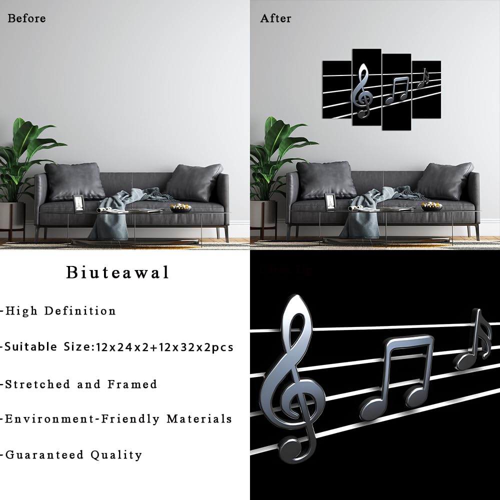 Biuteawal Music Wall Art Modern Musical Note Canvas Prints 4 Panels Stretched and Framed Black White Notes Beating on Staff Picture Decor Artwork for Party Home Living Room Bedroom Ready to Hang
