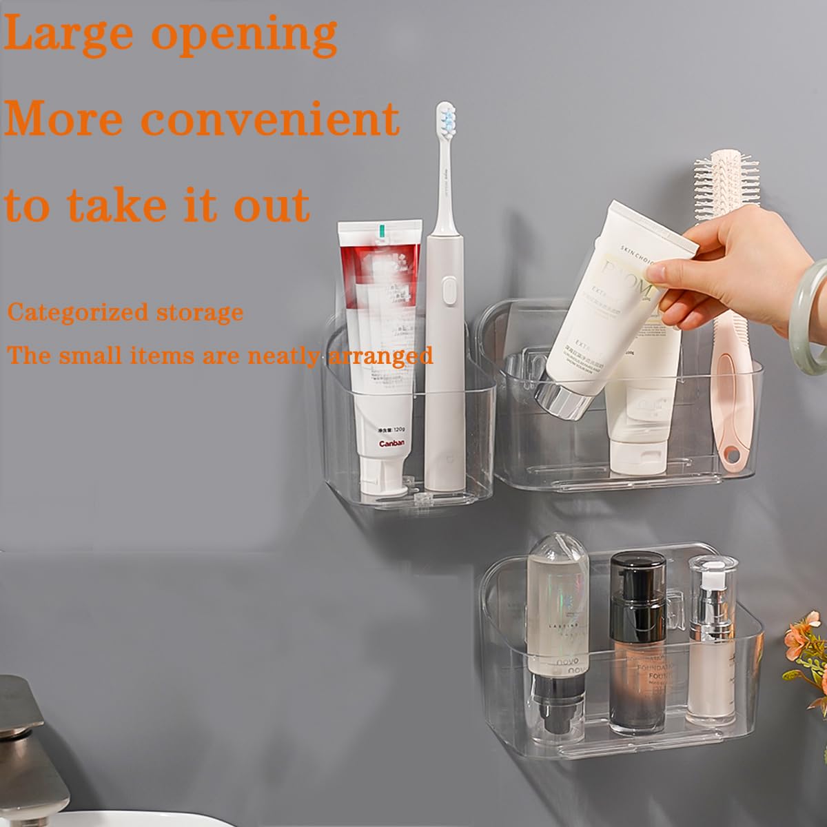 Adhesive Wall Mount Organizer Box,Acrylic Shelves for Wall,No Drilling Hang Walls,with Self Adhesive Tape,Automatic Draining for Bathroom, Kitchen, Living Room - Clear (Small)