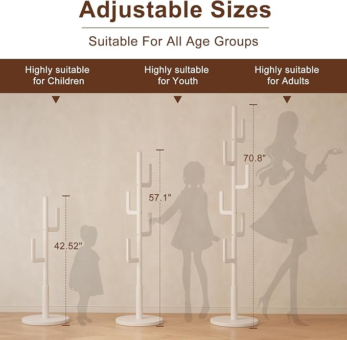 Muwuele Solid Wood Cactus Coat Rack, Freestanding Coat Rack With 6 L-Shaped Hooks and 3 Adjustable Sizes, Coat Tree for Bedroom, Entryway, Livingroom, Coat Hanger Stand for Coats, Handbags (White)