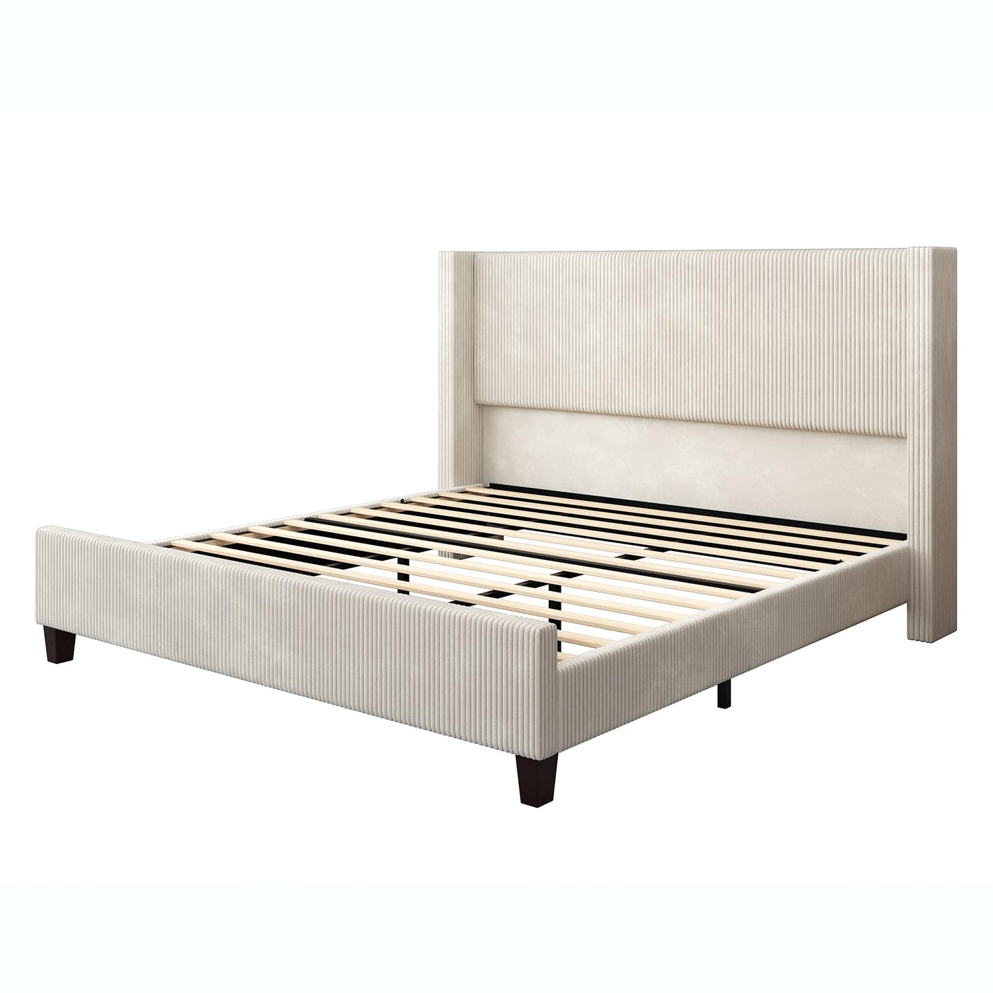 HOWE California King Bed Frame with 50.8" Tall Wingback Headboard, Modern Corduroy Upholstered Platform Bed Frame with Solid Wood Slats & Legs, No Box Spring Needed, Noise-Reducing Design, Cream