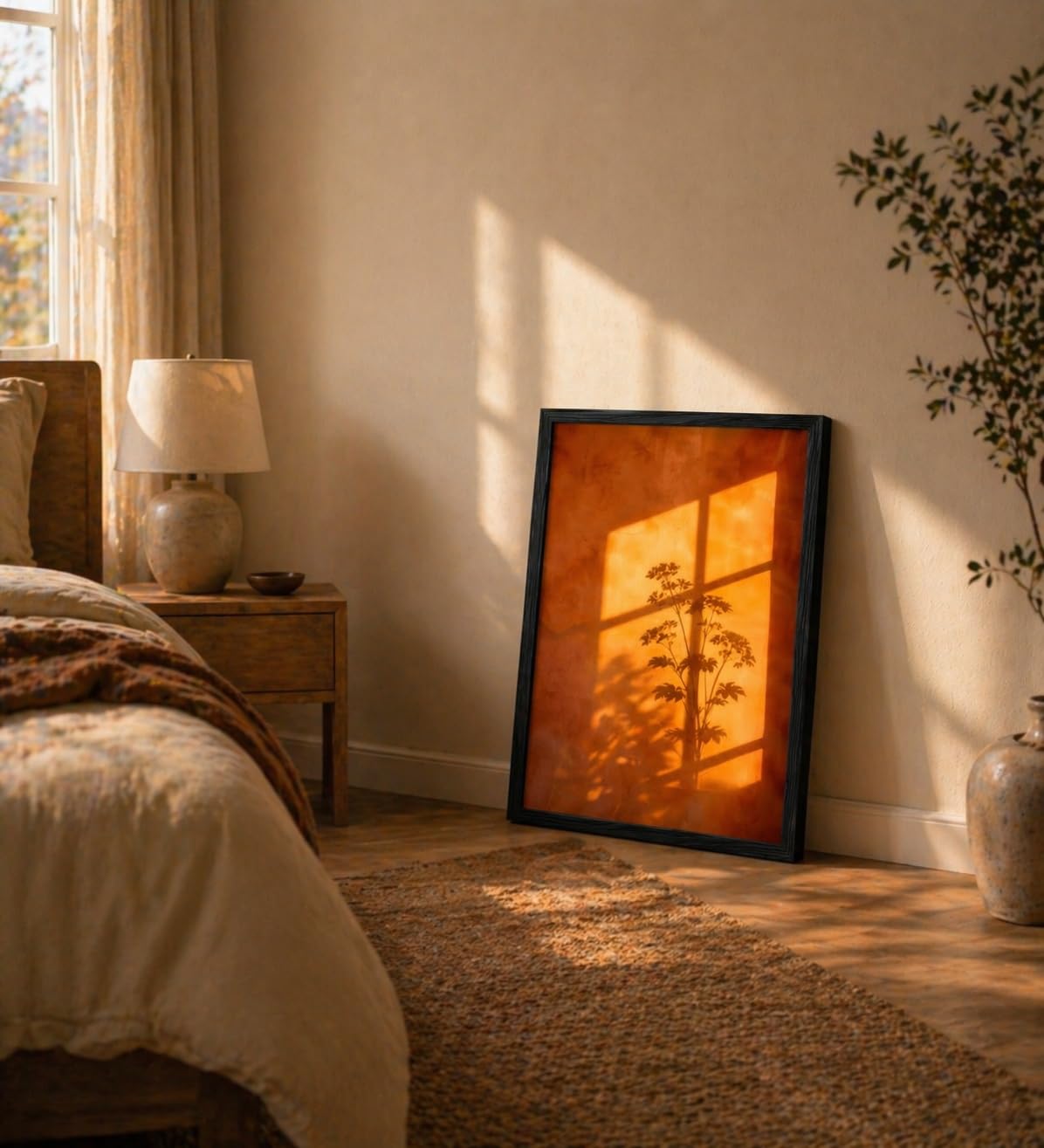 Framed Sunset Wall Art, Orange Window Shadow Poster Print, Minimalist Botanical Silhouette Picture Painting, Modern Aesthetic Picture Wall Decor for Bedroom Living Room 16x24 Inches
