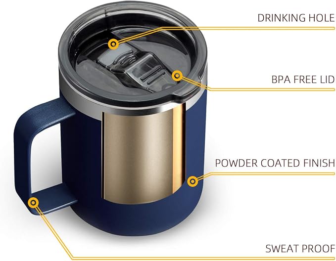 12oz Stainless Steel Insulated Coffee Mug with Handle, Double Wall Vacuum Travel Mug, Tumbler Cup with Sliding Lid, Navy