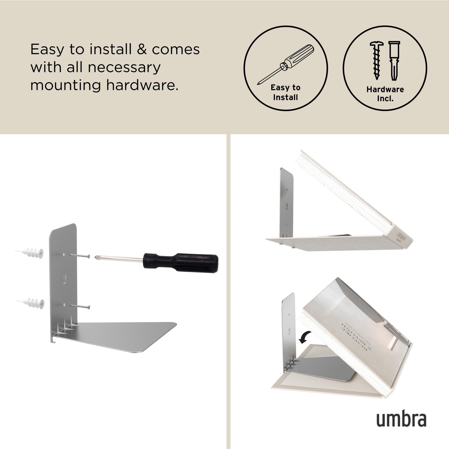 Umbra Conceal, Sturdy Metal Floating Bookshelf for Wall, Silver, Small, Set of 3