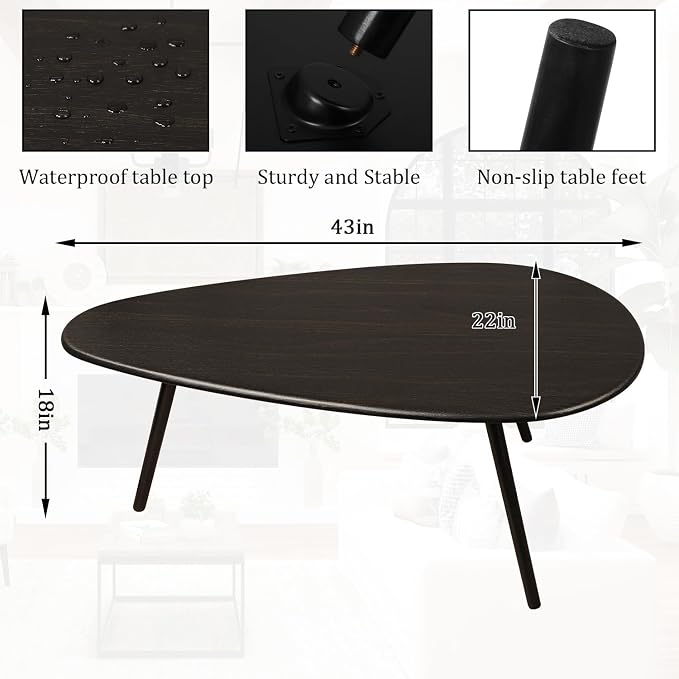 Coffee Table Modern Oval Coffee Tables Retro Center Table for Small Space Mid Century Rustic Accent Table for Living Room Home Office, Easy Assembly 22" D x 43" W x 18" H