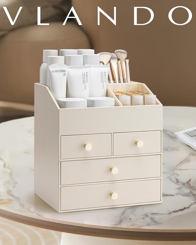 VLANDO Makeup Organzier,Vanity Organizer with Drawers, PU Leather Skincare Organizer Perfume Organizer,Large Cosmetic Display Case for Lipstick,Brushes Gifts for Women, Beige, 4 Layer