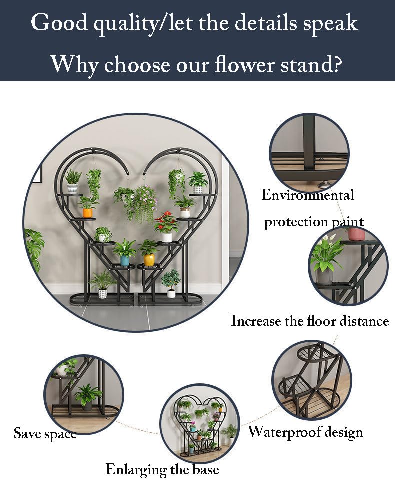 Eiwitany Floor-Standing Wrought Iron Flower Stand Installation Simple Load-Bearing Strong Home Living Room Balcony Heart-Shaped Shelf (White)