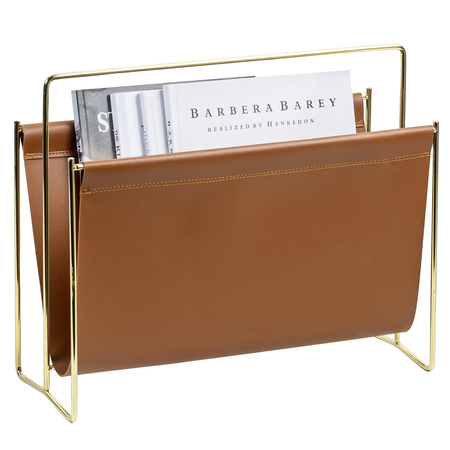 MyGift Magazine Holder Magazine Rack Floor 15-Inch Modern Brown Leatherette & Brass Plated Metal Floor Standing Faux Leather Sling Style Newspaper Rack for Home, Bathroom, Office Decor