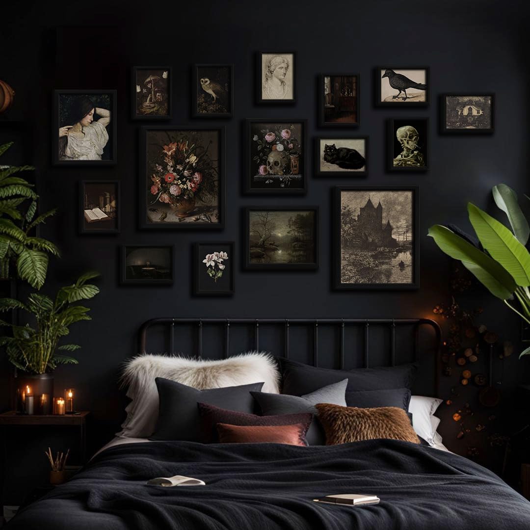 ANERZA 16 PCS Framed Dark Academia Room Decor, Gothic Home Decor, Moody Wall Art Prints for Bedroom, Gallery Wall Frame Set, Witchy Posters for Living Room Aesthetic, Halloween Dorm Collage Kit