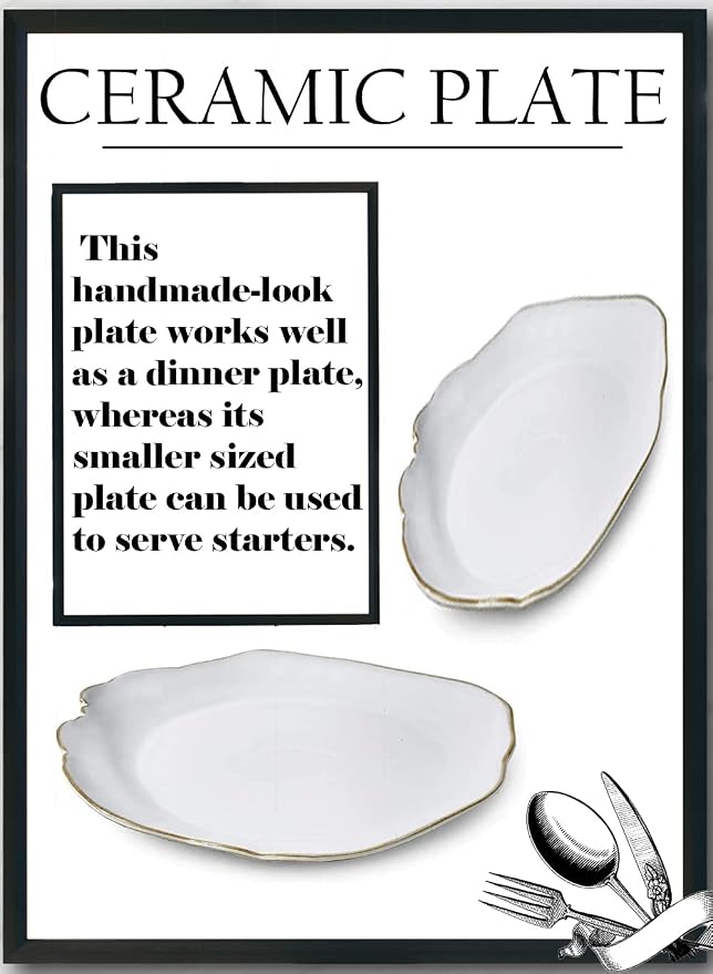 Serene Spaces Living Set of 2 Large Free-Form Edge Glazed Ceramic Plate- Dinnerware for Vintage Weddings, Events, Measures 12" Diameter and 1.5" Tall