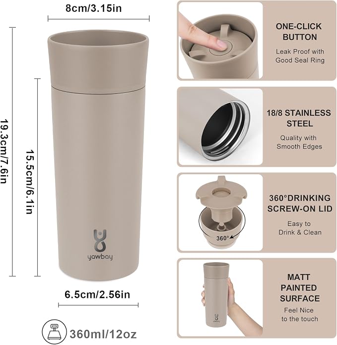 Travel Coffee Mug with 360°Lid, Travel Coffee Tumbler 12 oz Leak Proof, Stainless Steel Insulated Travel Mugs for Hot and Cold Spill Proof Leak Proof(Taupe)