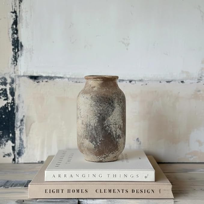 SIDUCAL Rustic Ceramic Farmhouse Flower Large Vase, Whitewashed Terra Cotta Vase, Pottery Decorative Flower for Home Decor, Table, Living Room Decoration, Shelf Decor, Mantel, 9.5 Inch, Terra