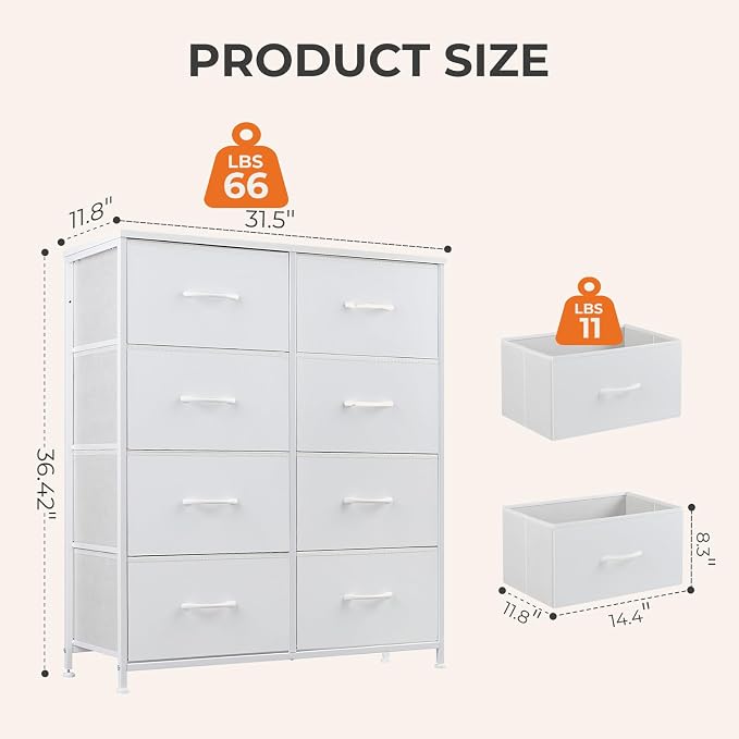 Sweetcrispy Dresser for Bedroom, Chest Organizer Unit with 8 Fabric Bins, Fabric Storage Tower, Drawer Organizer with Steel Frame, Wooden Top for Living Room, Closet