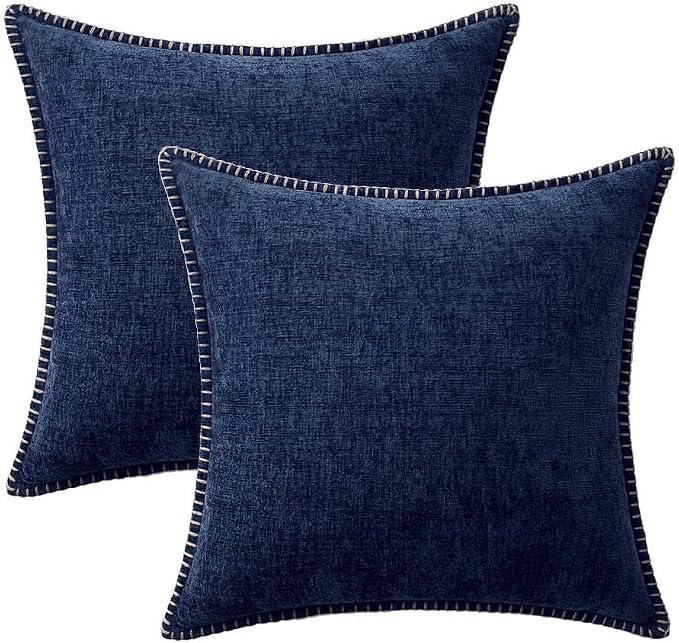 MIULEE Pack of 2 Couch Throw Pillow Covers 20x20 Inch Navy Farmhouse Decorative Pillow Covers with Stitched Edge Soft Chenille Solid Dyed Pillow Covers for Sofa Bed Living Room