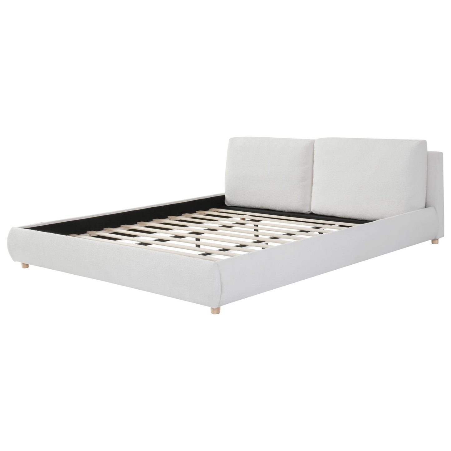 Merax King Size Boucle Fabric Upholstered Platform Bed with Two Removable Pillow Headboard, Wood Bed Frame with Solid Round Legs for Kids Teens Adults, White