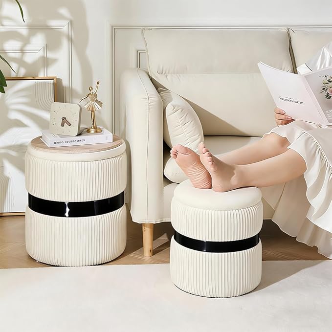 Velvet Round Ottoman Set of 2 with Storage, 12 Gallon Hidden Storage Ottoman, Multi-Functional Footrest Stool, Vanity Seat, Coffee Table, No Assembly Required, Holds 300lbs, (White)