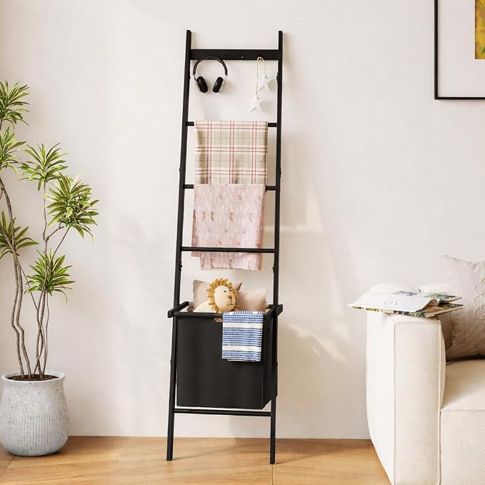 BAMBANG Bamboo Blanket Ladder with Basket, 5-Tier Quilt Rack Stand with 4 Hooks & Storage Hamper for Living Room Bathroom, Wall Leaning Decorative Ladder Shelf for Blankets Display (Black)