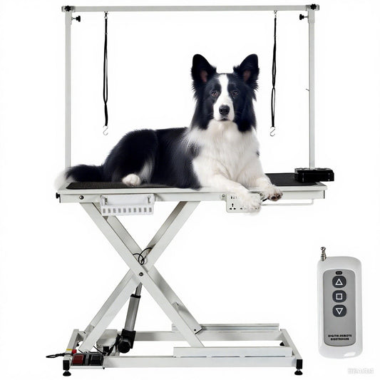 GarveeTech 50" Dog Grooming Table, Electric Hydraulic Grooming Table for Large Dogs or Small Dogs, Aluminium Overhead Arm, Anti Slip Tabletop, 6 USB Ports, Home & Salon Use, Max Capacity 330Lb, White
