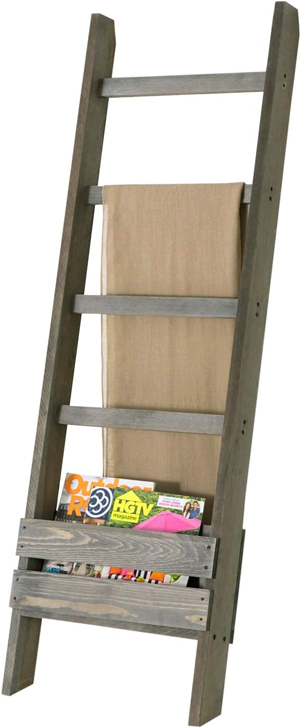 MyGift Blanket Ladder with Storage Shelf, Wooden Blanket Holder Rack, Decorative Ladder Shelf, Drying and Display Rack for Bathroom, Living Room, Gray